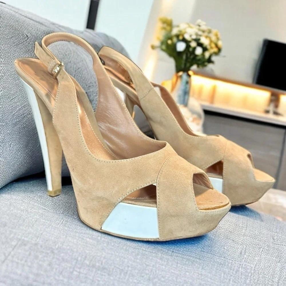Sergio Rossi ‘Agathe’ Tan Suede & White Patent Peep Toe Slingback Heels Size 7.5